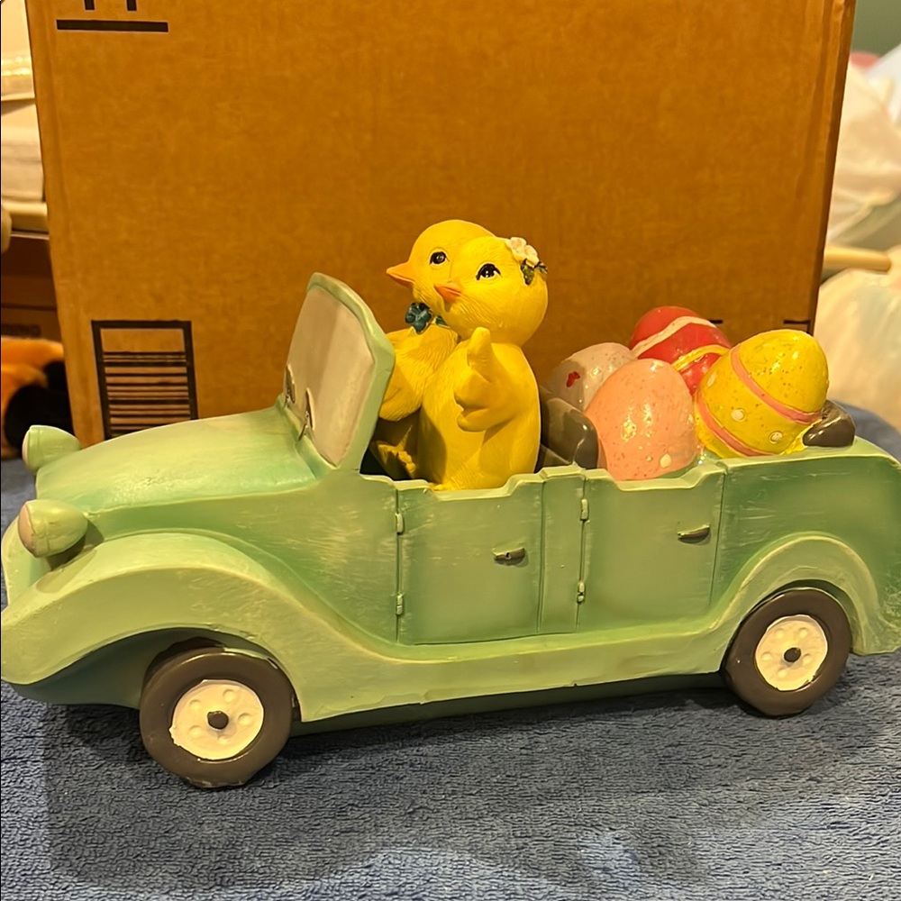 Green Vintage Toy Car with Yellow Duck and Easter Eggs - Picture 1 of 7